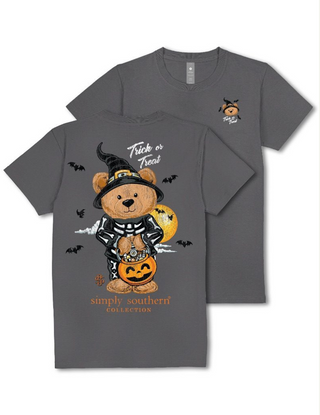 Charcoal gray Simply Southern Halloween teddy bear Trick or Treat graphic t-shirt front and back