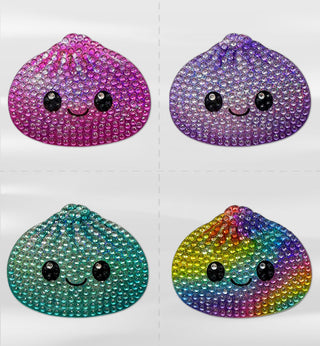 Stickerbeans Surprise Dumpling Multipack showing four rhinestone dumpling stickers in pink, purple, teal, and rainbow
