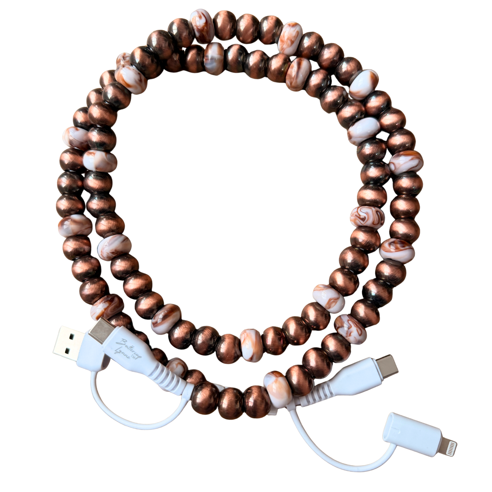 Beaded cable with USB connectors on a white background