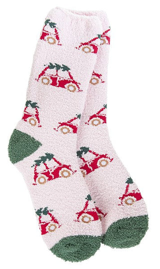 World's Softest Socks Christmas Bug fuzzy socks with red cars carrying Christmas trees