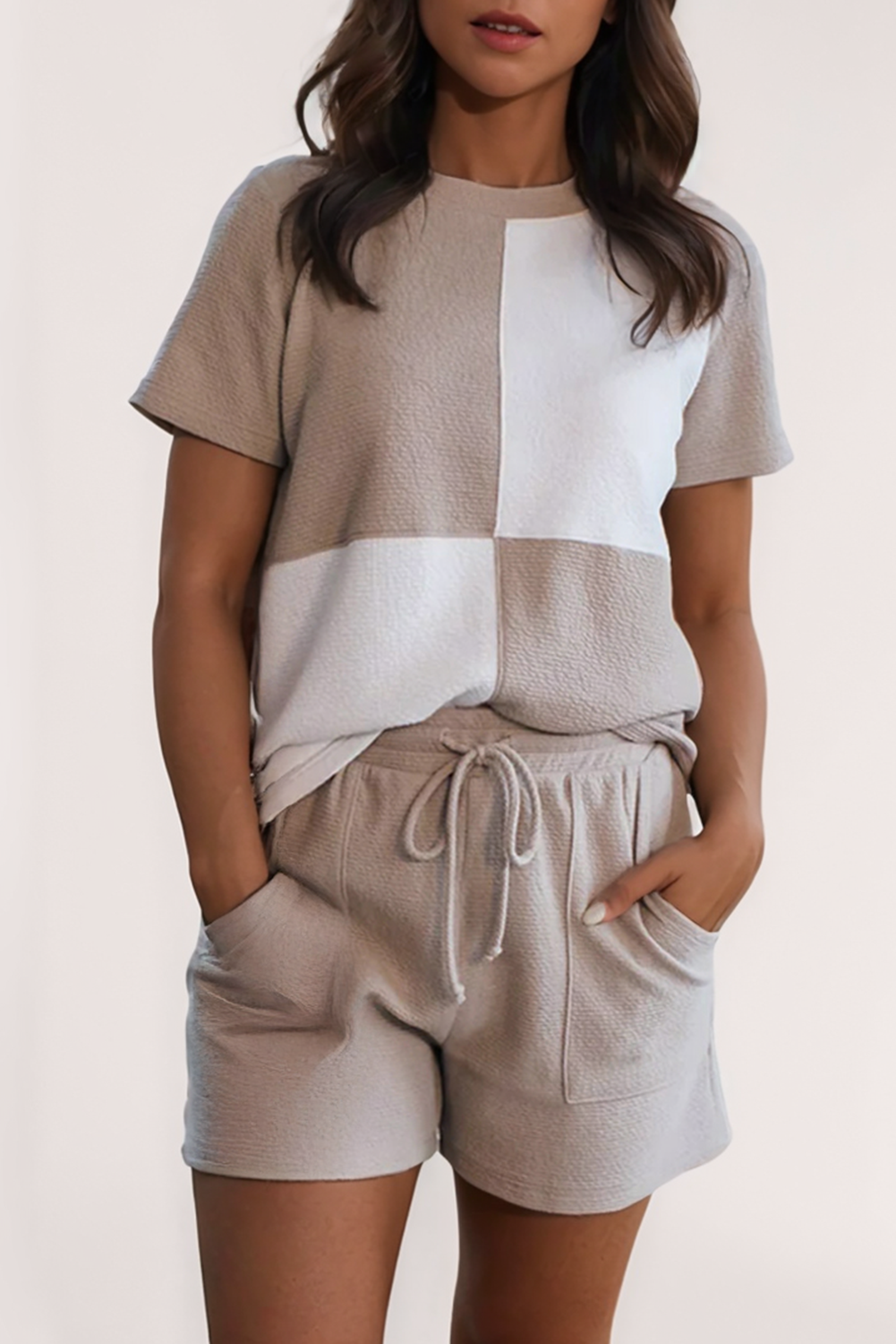 Textured Colorblock Patchwork Tee and Shorts Set