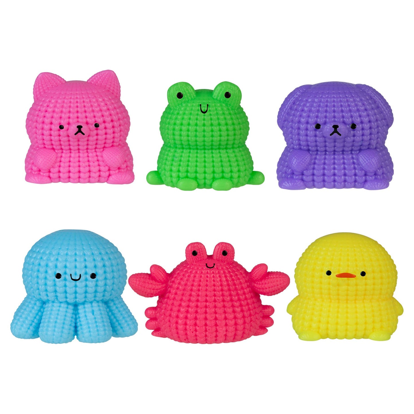 Set of colorful soft toy figures on a white background