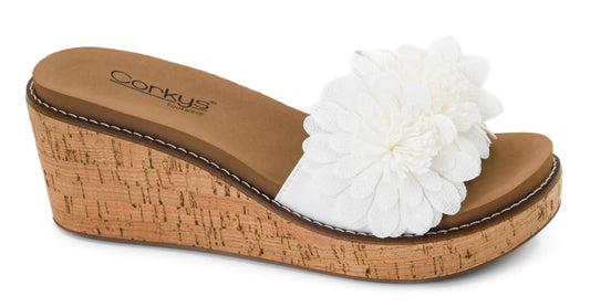 Corkys Wildflower white wedge sandal with floral embroidery and cork heel