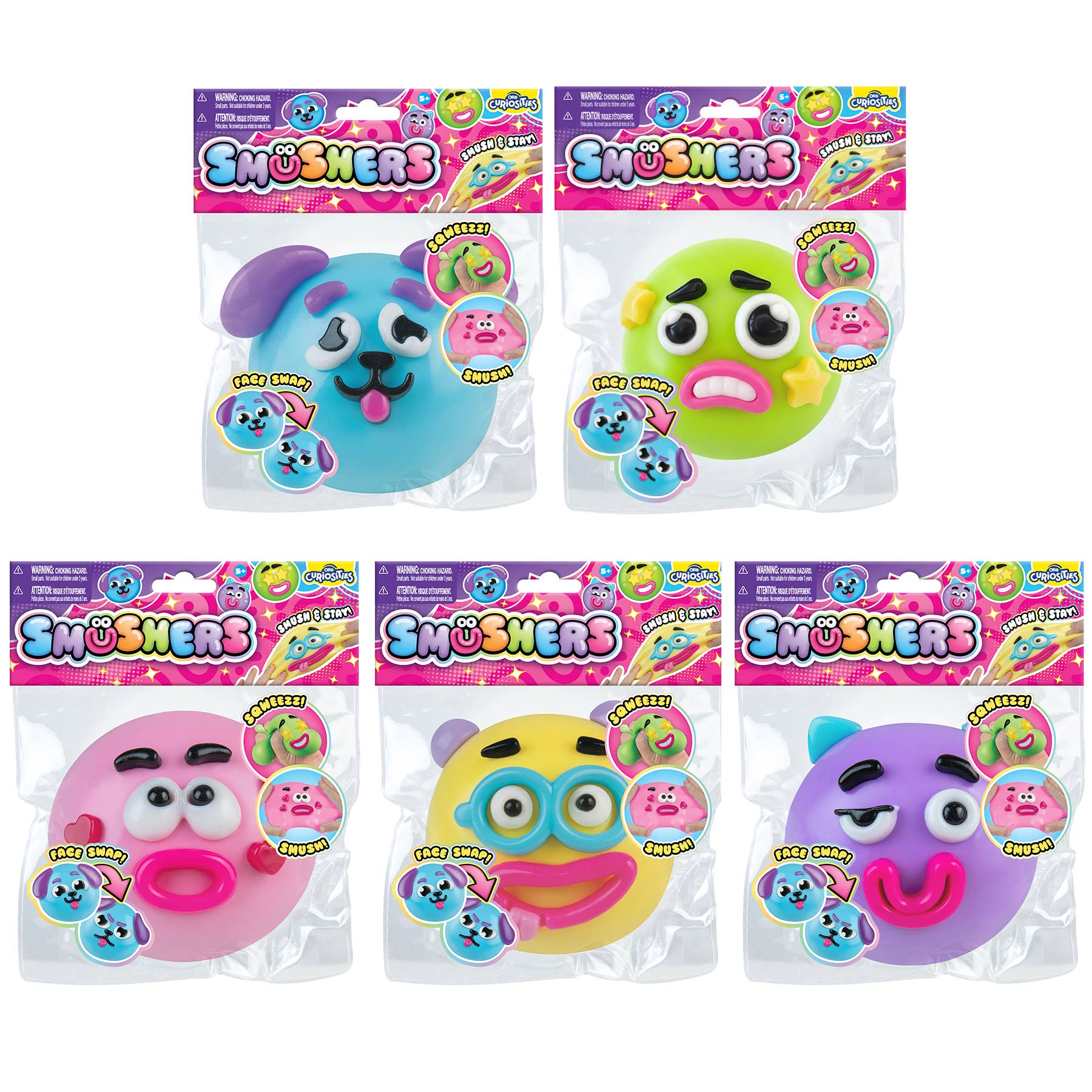 Packaging of Smushers toys with colorful designs on a white background