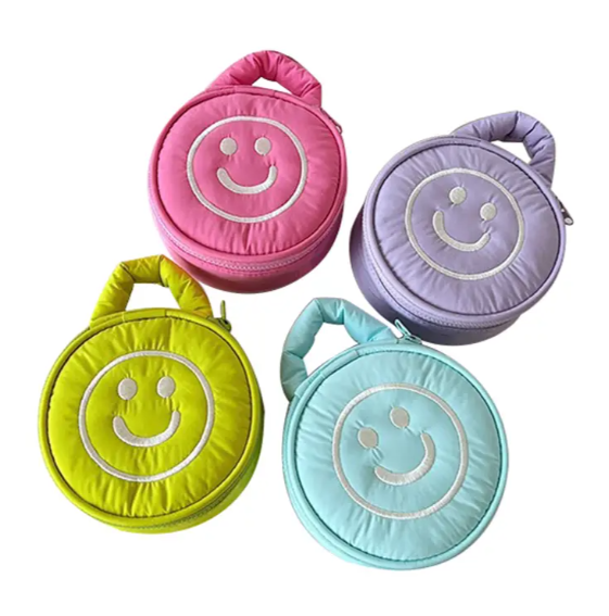 Cosmetic Puffer Bag Happy Face - Pink Lavender Lime Aqua - Buttercup Lynne Boutique