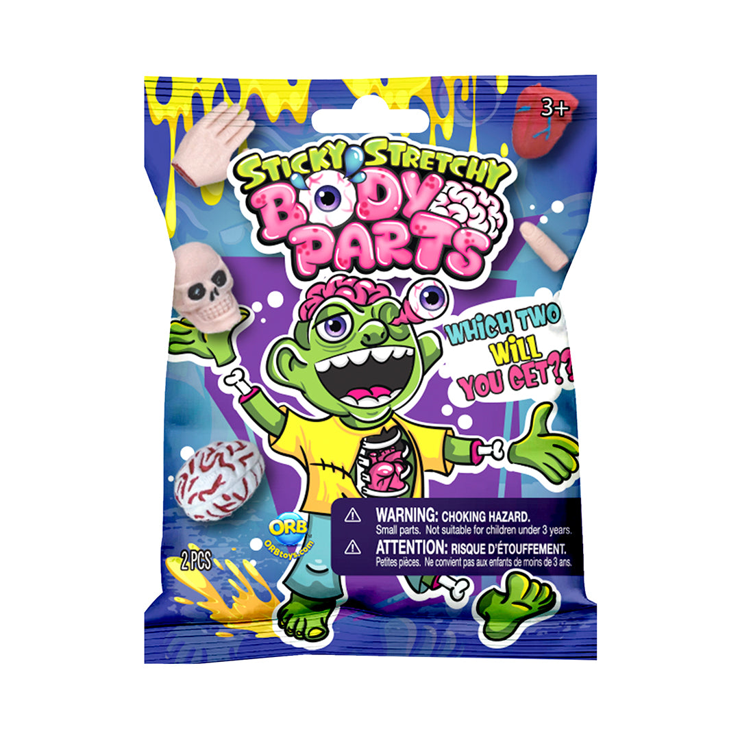 Packaging of Sticky Stretchy Body Parts toy with cartoon character on a white background