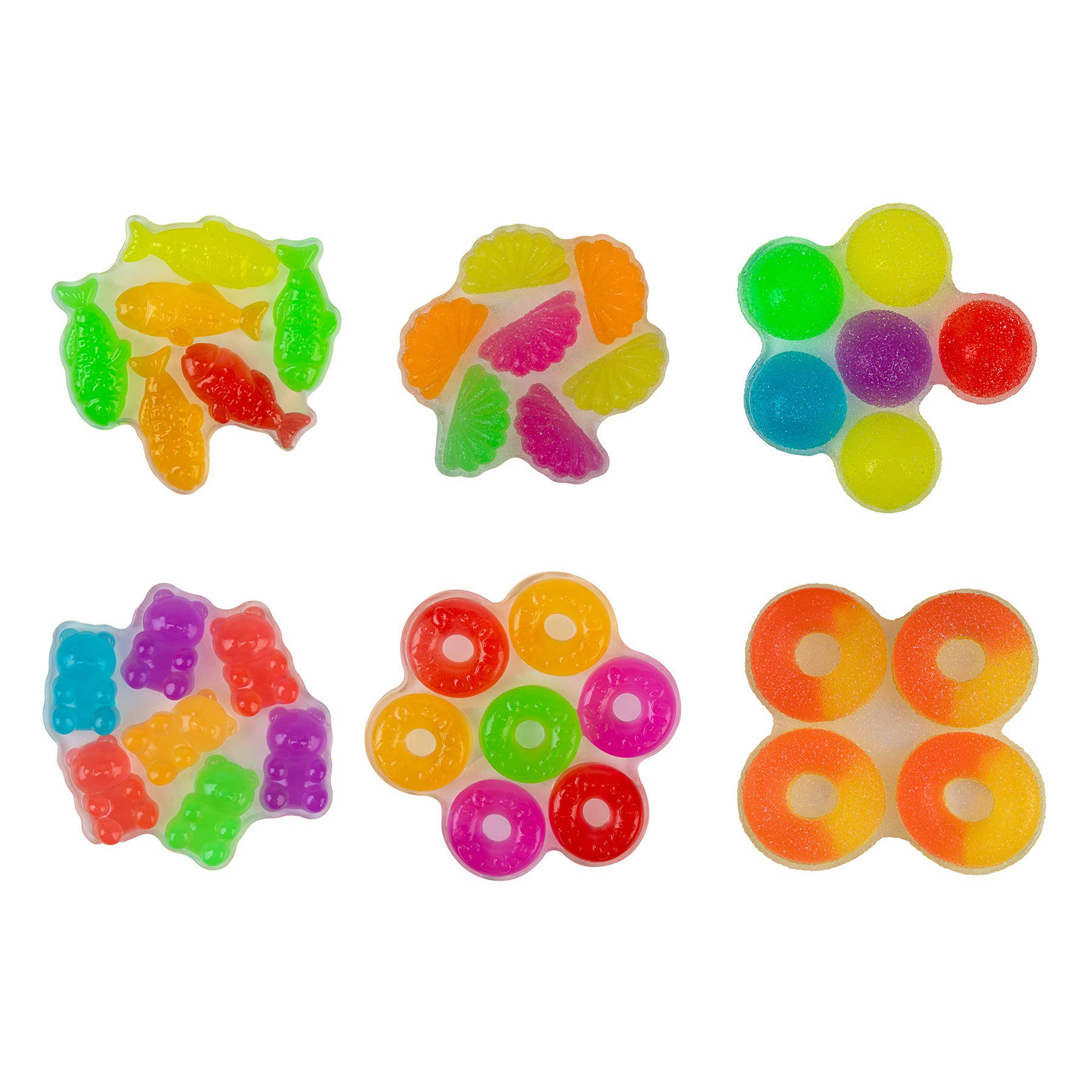 Colorful gummy candy pieces on a white background