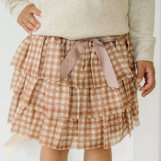 Kids tiered gingham tulle tutu skirt in mauve pink with satin bow waist tie