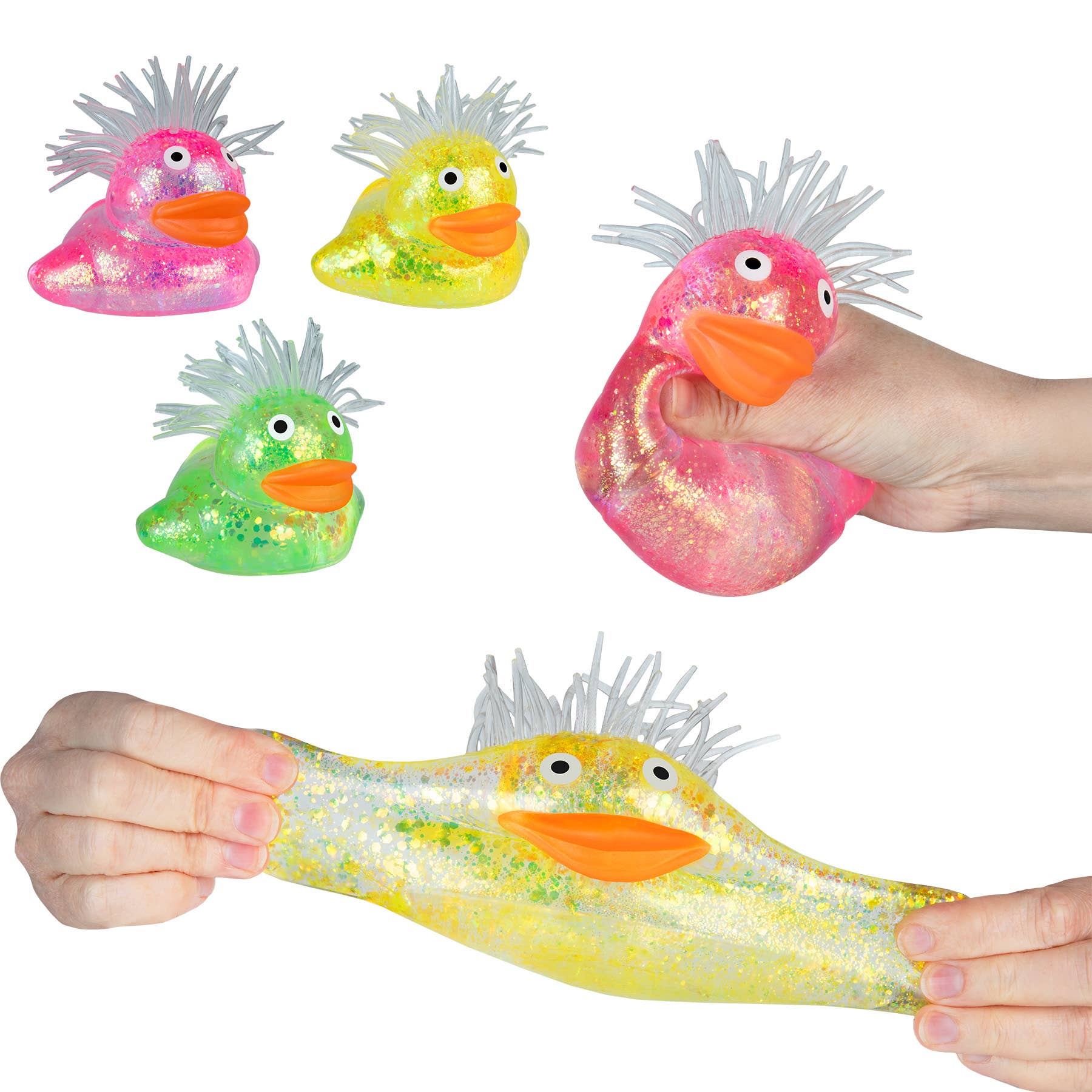 Colorful duck-shaped squishies with spiky hair held by hands on a white background