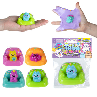 Taba-licious Couch Potato squishy cat figures on colorful mini sofas with purple slime