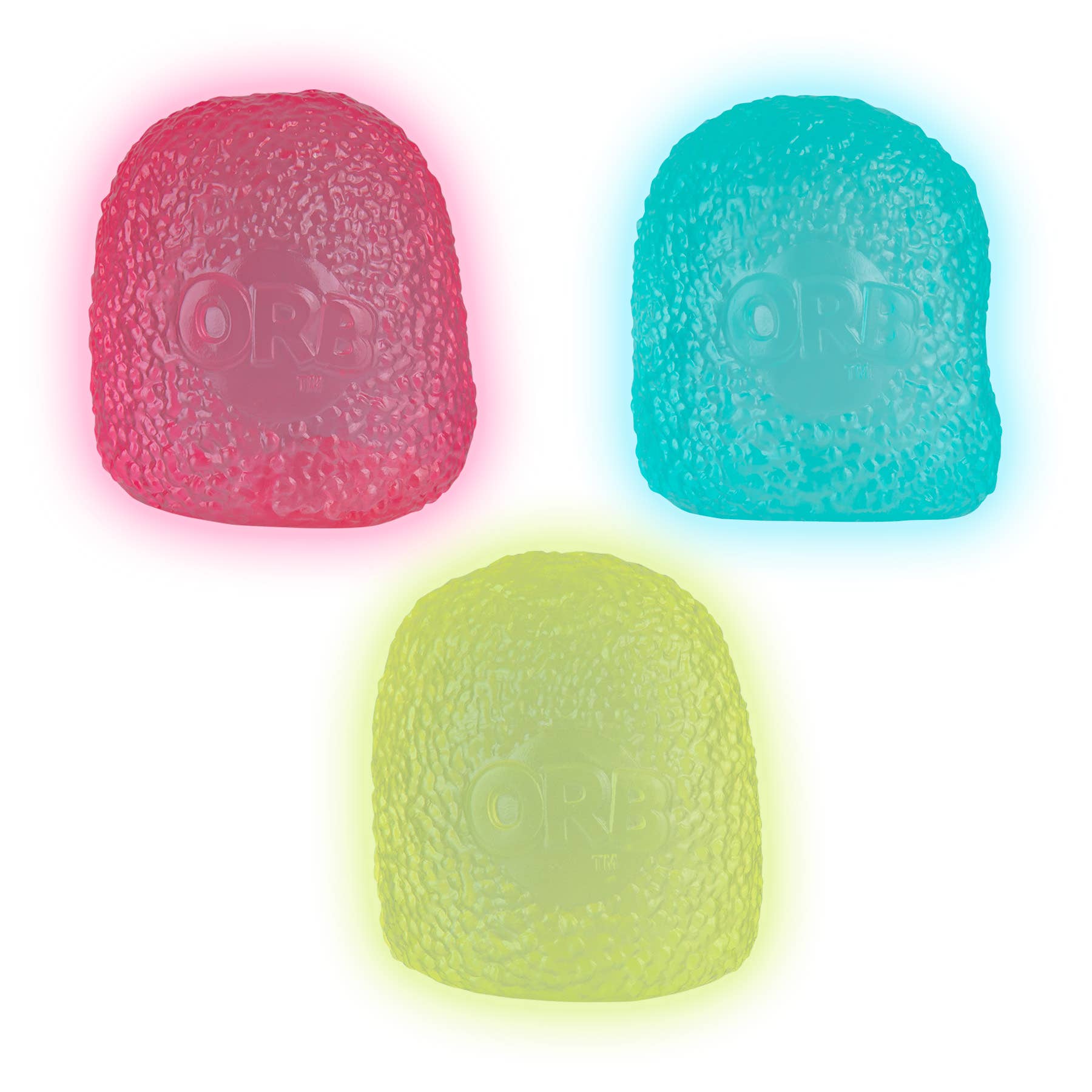 Three glowing dog toys in pink, blue, and green on a white background