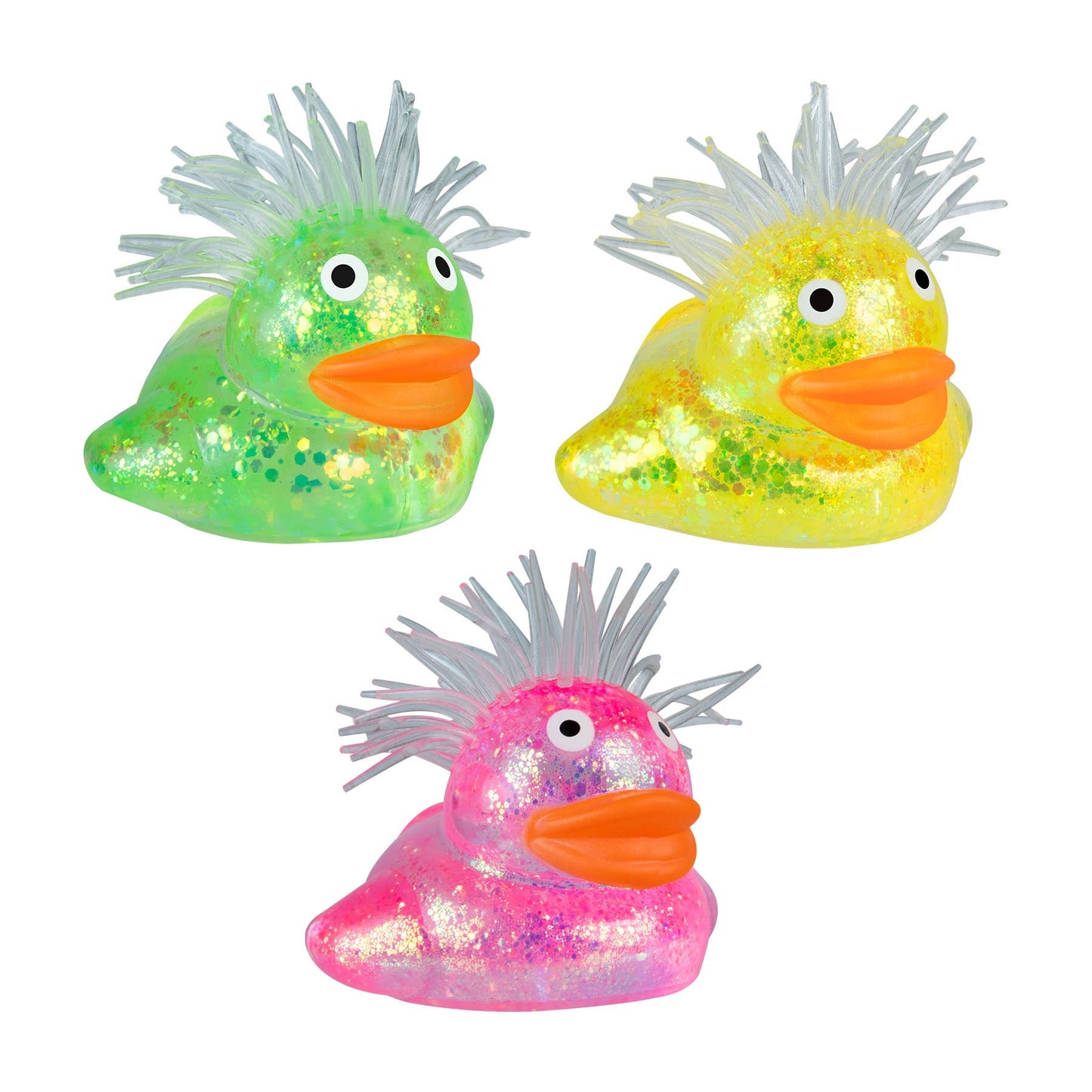 Three colorful rubber duckies with spiky hair on a white background