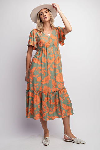 Voile Maxi Dress - Short Sleeve - Sage and Orange Floral - Buttercup Lynne Boutique