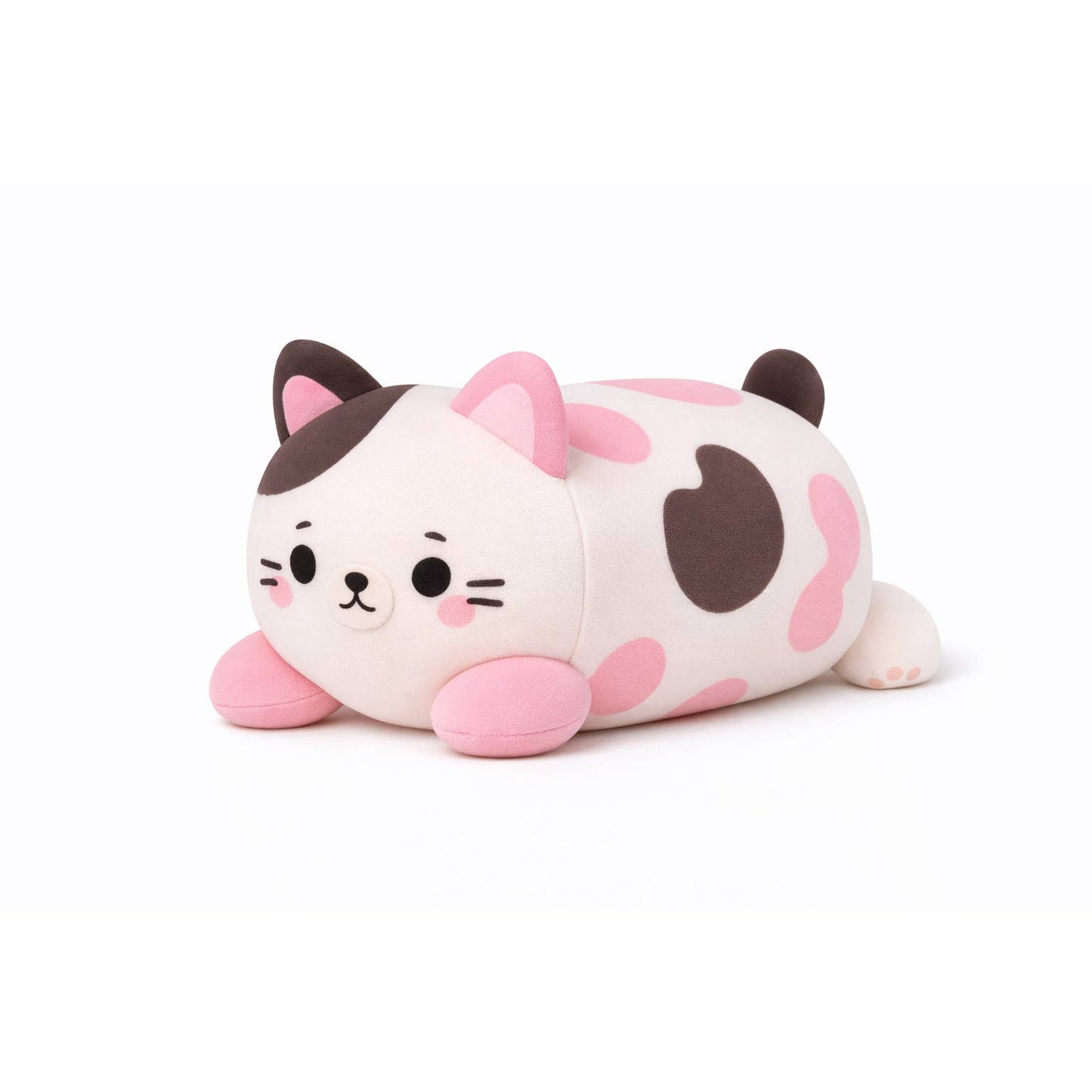 Plush toy shaped like a cat with pink accents on a white background