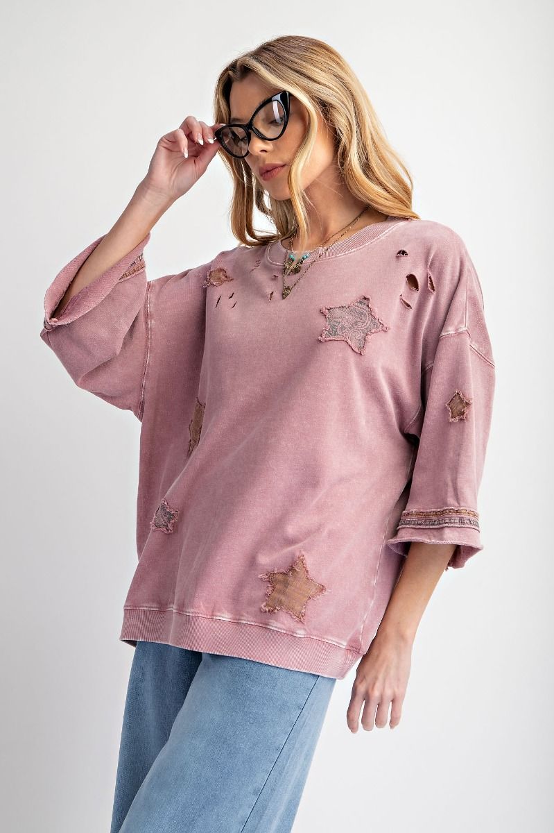 Star Patch Work Distressed Top - Faded Plum - Buttercup Lynne Boutique