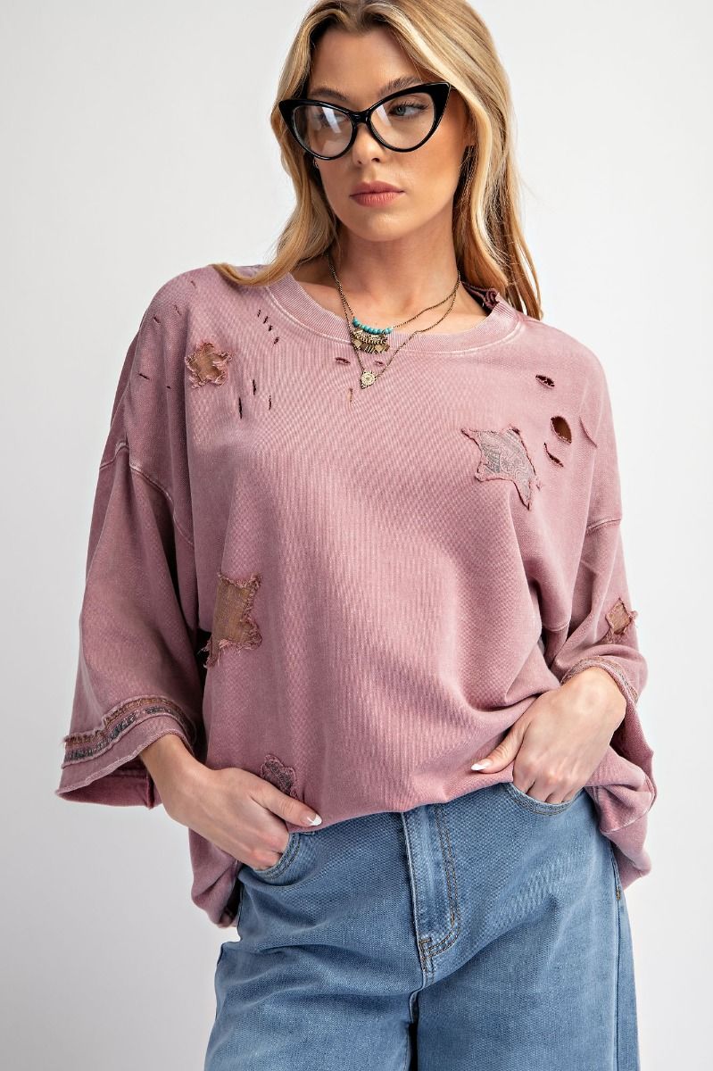 Star Patch Work Distressed Top - Faded Plum - Buttercup Lynne Boutique