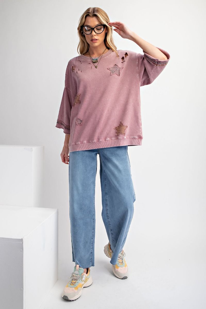 Star Patch Work Distressed Top - Faded Plum - Buttercup Lynne Boutique