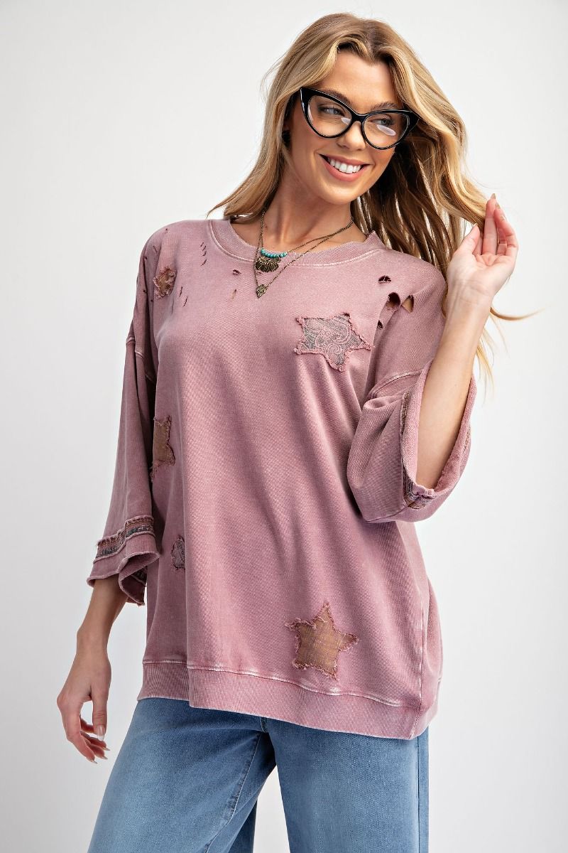 Star Patch Work Distressed Top - Faded Plum - Buttercup Lynne Boutique