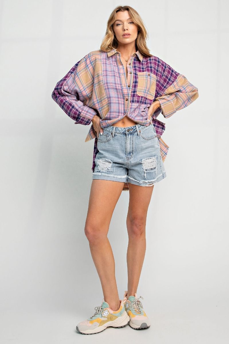 Plaid Mix N Match Button Down Shirt - Lilac Purple - Buttercup Lynne Boutique