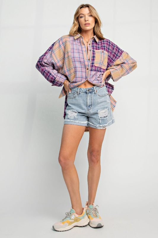 Plaid Mix N Match Button Down Shirt - Lilac Purple - Buttercup Lynne Boutique