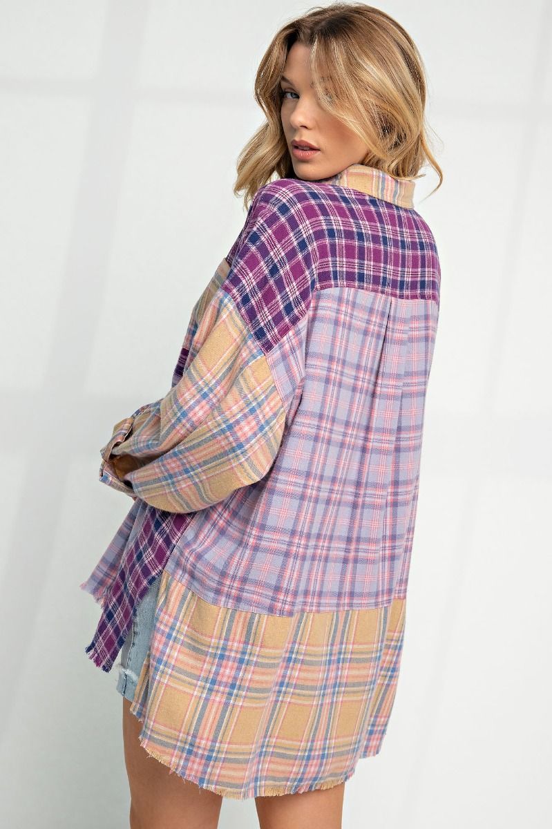 Plaid Mix N Match Button Down Shirt - Lilac Purple - Buttercup Lynne Boutique