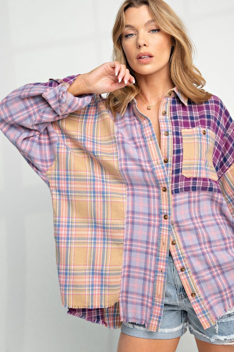Plaid Mix N Match Button Down Shirt - Lilac Purple - Buttercup Lynne Boutique