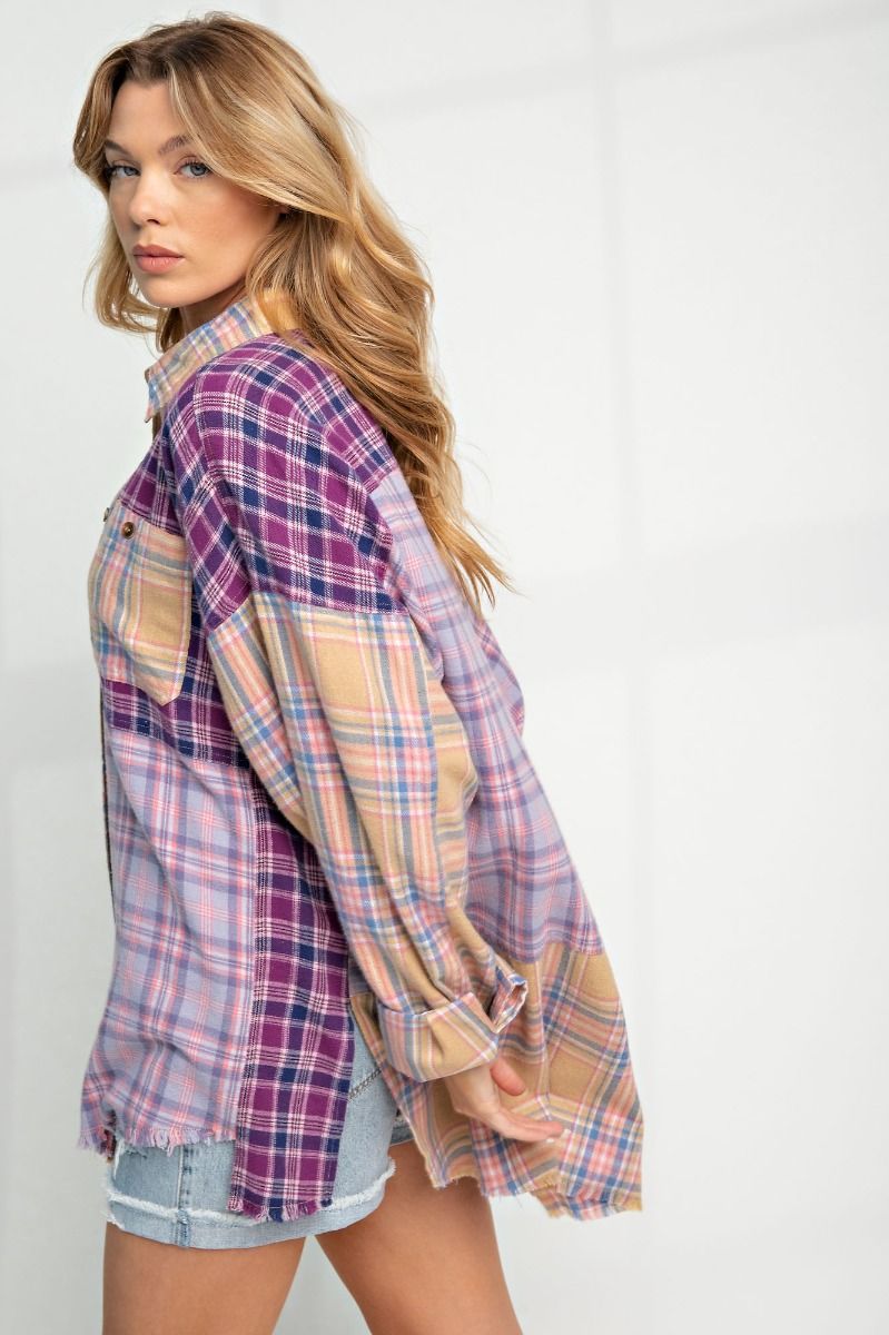 Plaid Mix N Match Button Down Shirt - Lilac Purple - Buttercup Lynne Boutique