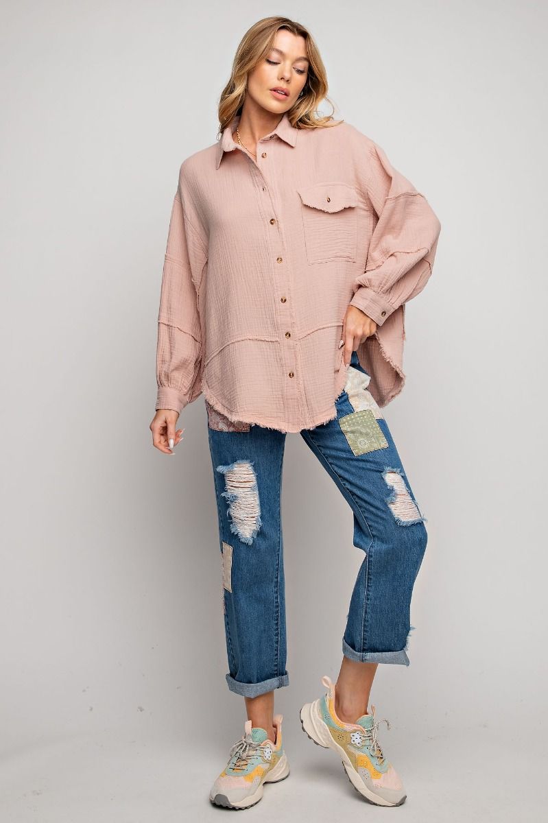 Cotton Gauze Button Down Loose Fit Shirt - PLUS Size - Buttercup Lynne Boutique