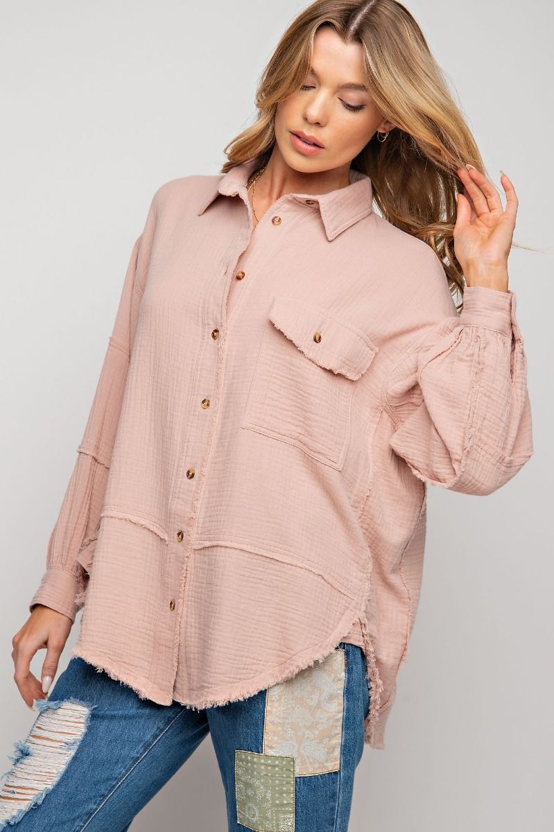 Cotton Gauze Button Down Loose Fit Shirt - PLUS Size - Buttercup Lynne Boutique
