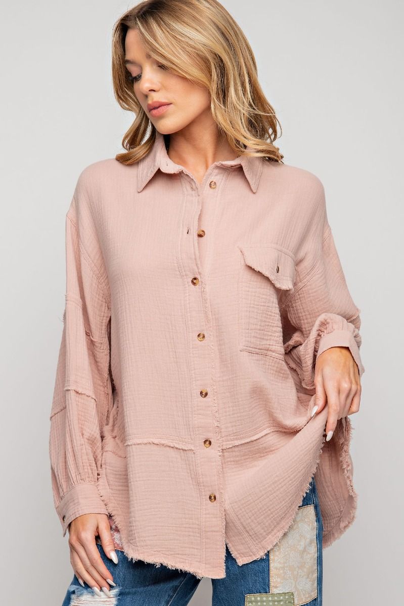 Cotton Gauze Button Down Loose Fit Shirt - PLUS Size - Buttercup Lynne Boutique