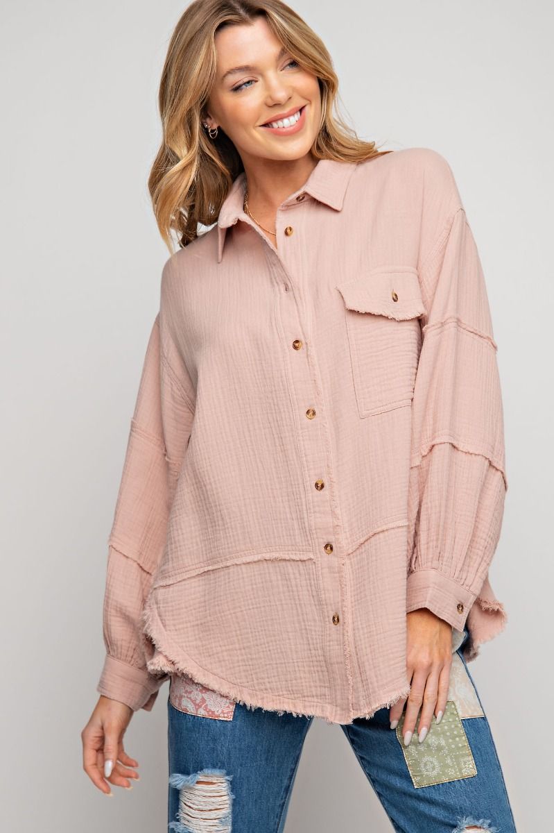 Cotton Gauze Button Down Loose Fit Shirt - PLUS Size - Buttercup Lynne Boutique