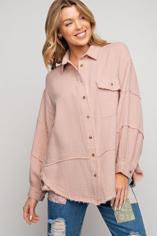 Cotton Gauze Button Down Loose Fit Shirt - PLUS Size - Buttercup Lynne Boutique