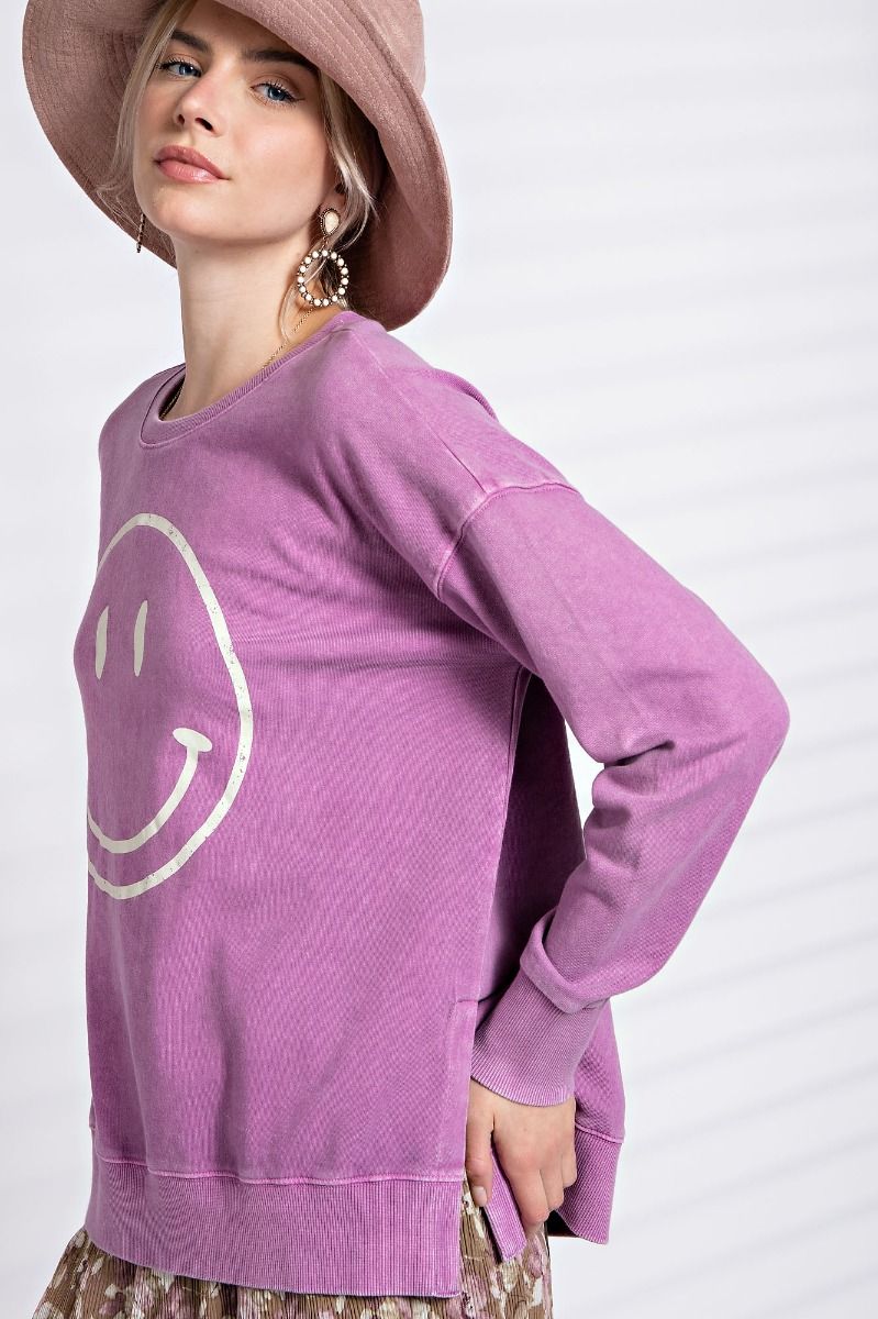 Mineral Washed Smiley Pullover - Plus Size - Magenta - Buttercup Lynne Boutique