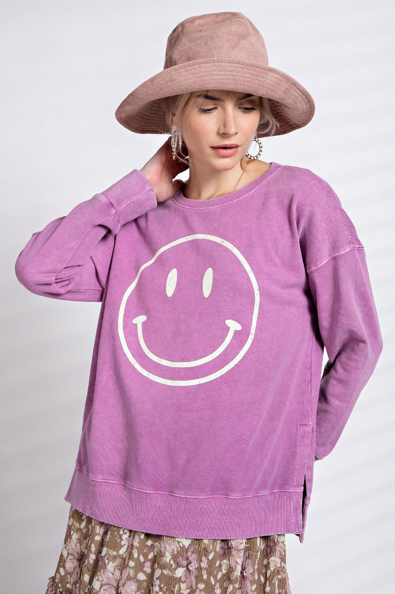 Mineral Washed Smiley Pullover - Plus Size - Magenta - Buttercup Lynne Boutique