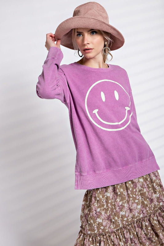 Mineral Washed Smiley Pullover - Plus Size - Magenta - Buttercup Lynne Boutique