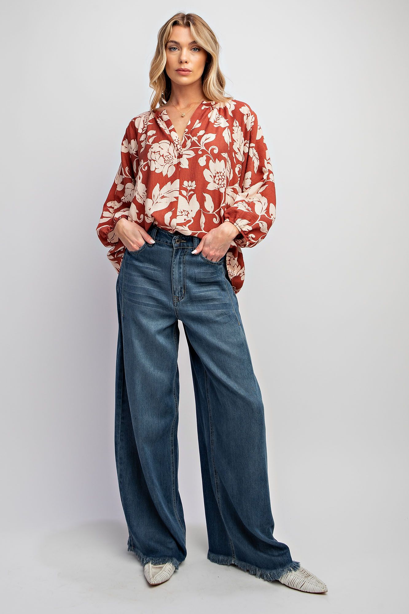 Printed Peach Blossom Woven V Neck Top - Dolman Sleeves Color - Coffee - Buttercup Lynne Boutique