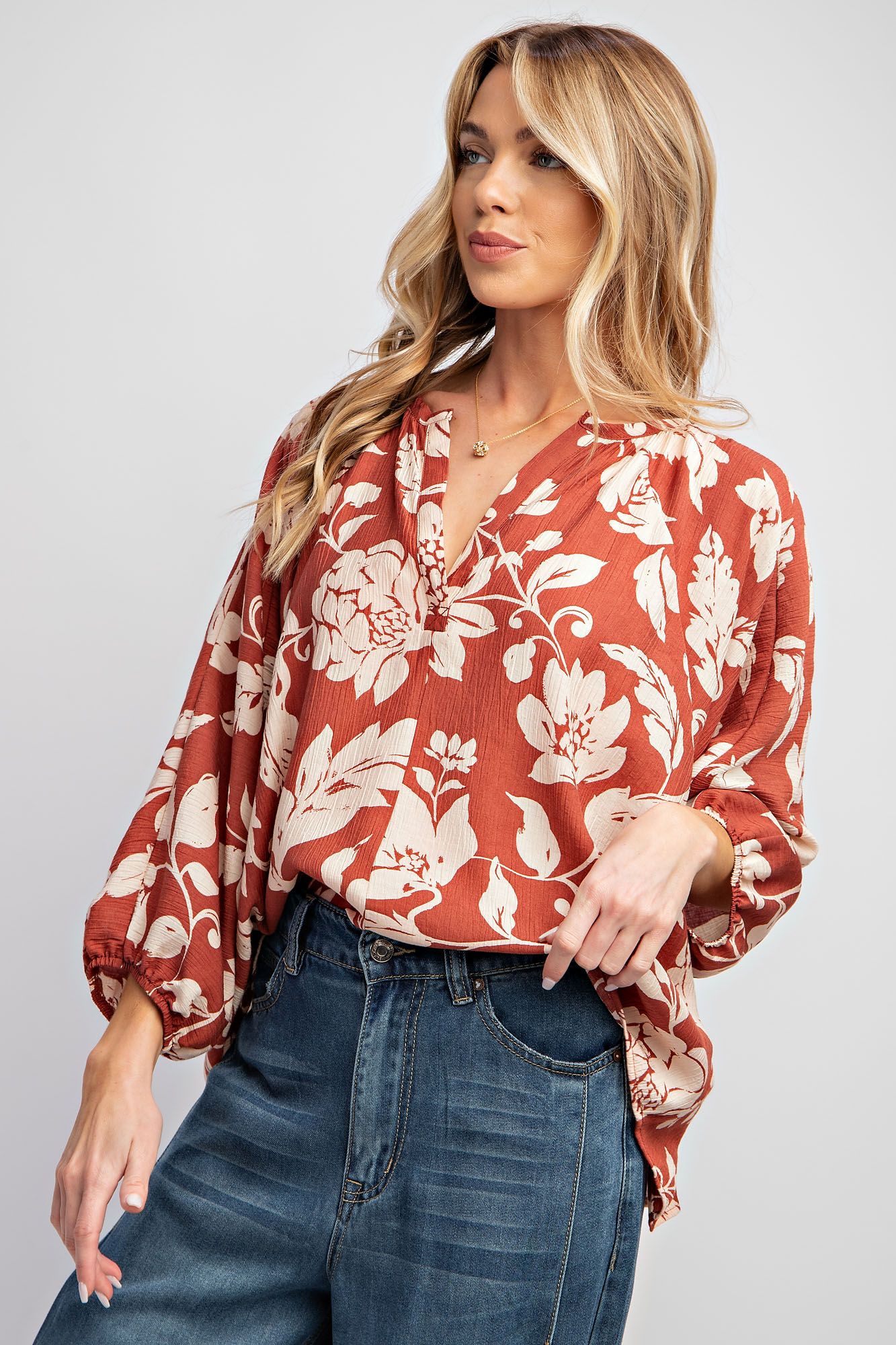 Printed Peach Blossom Woven V Neck Top - Dolman Sleeves Color - Coffee - Buttercup Lynne Boutique
