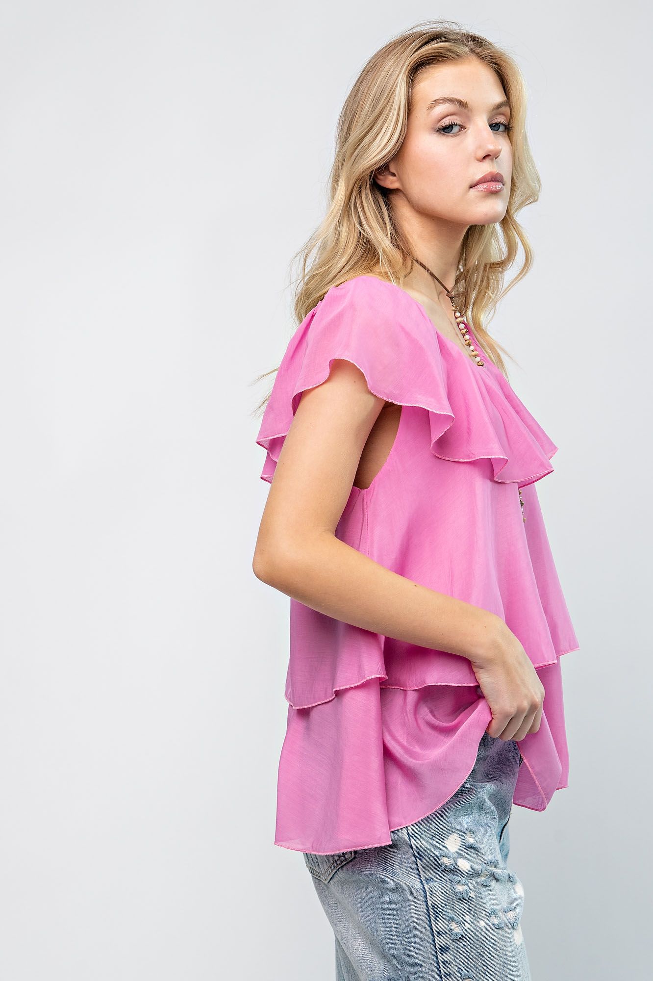 Easel Ruffled Cap Sleeve Top