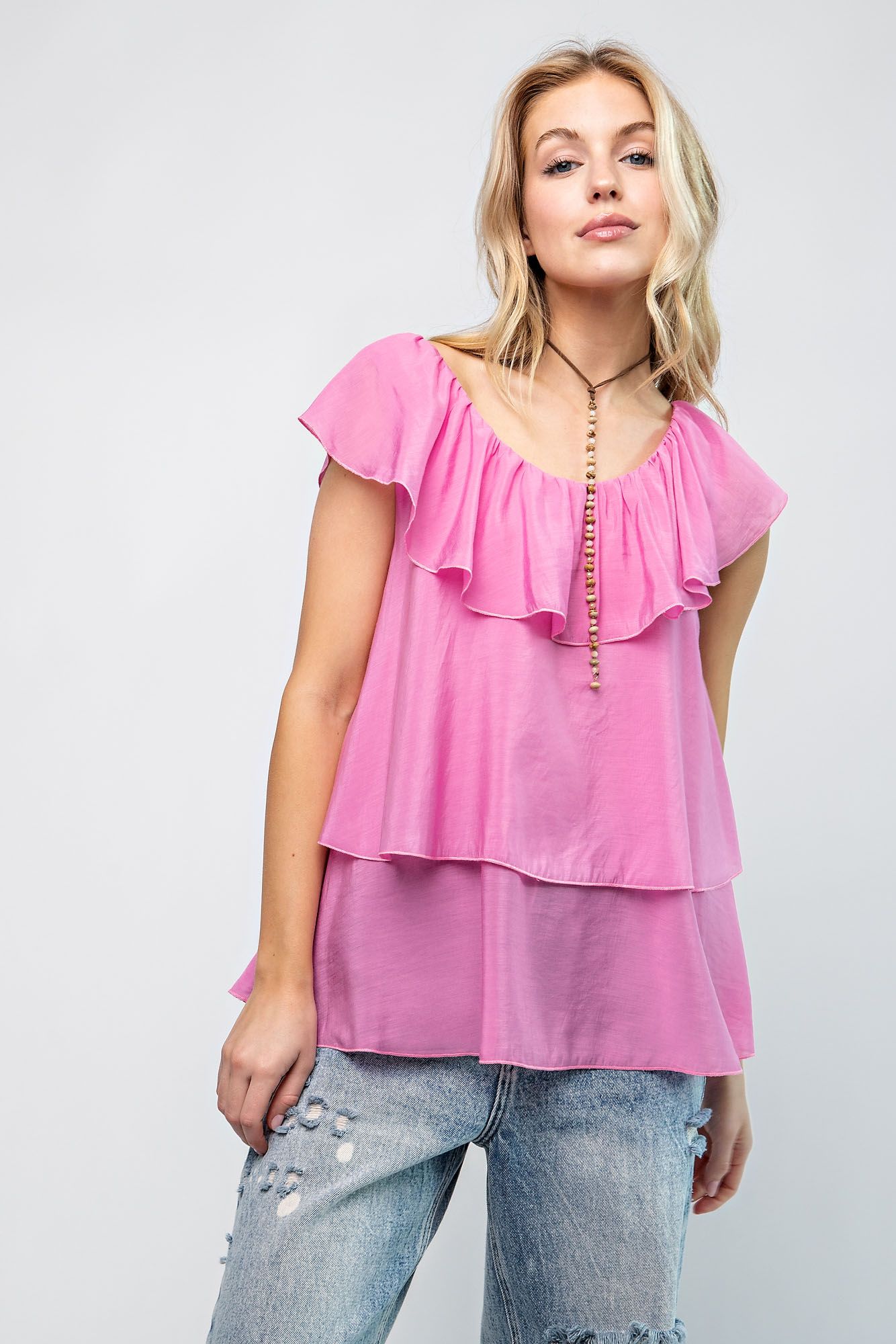 Easel Ruffled Cap Sleeve Top