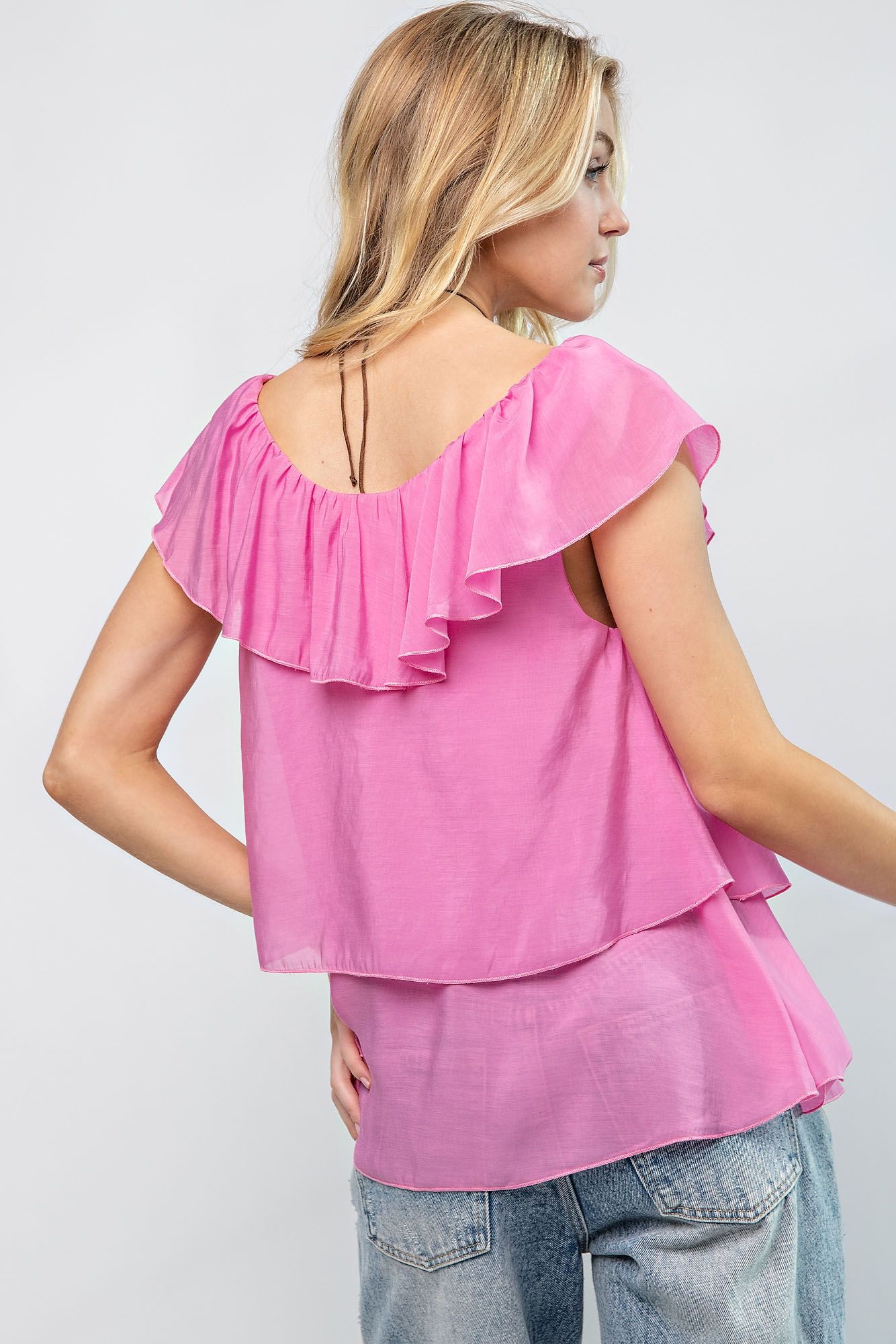 Easel Ruffled Cap Sleeve Top