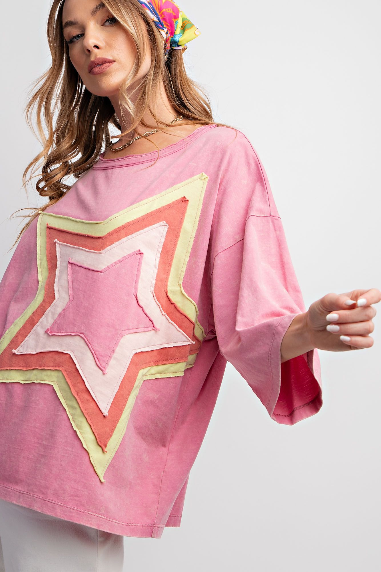 Star Patch Mineral Washed Knit Top - Cotton Candy - Regular and Plus - Buttercup Lynne Boutique