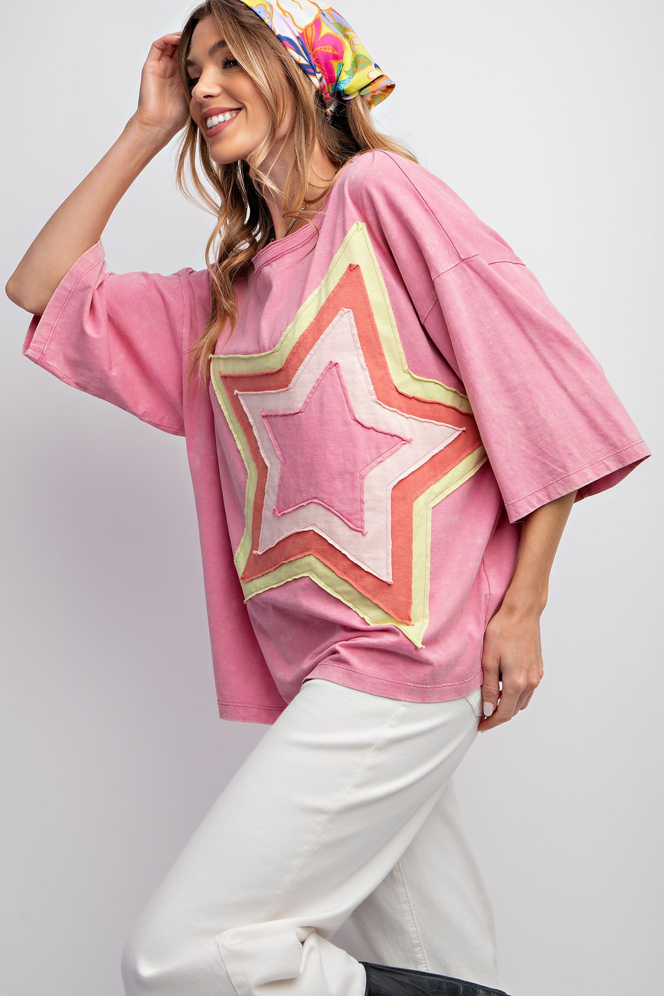 Star Patch Mineral Washed Knit Top - Cotton Candy - Regular and Plus - Buttercup Lynne Boutique