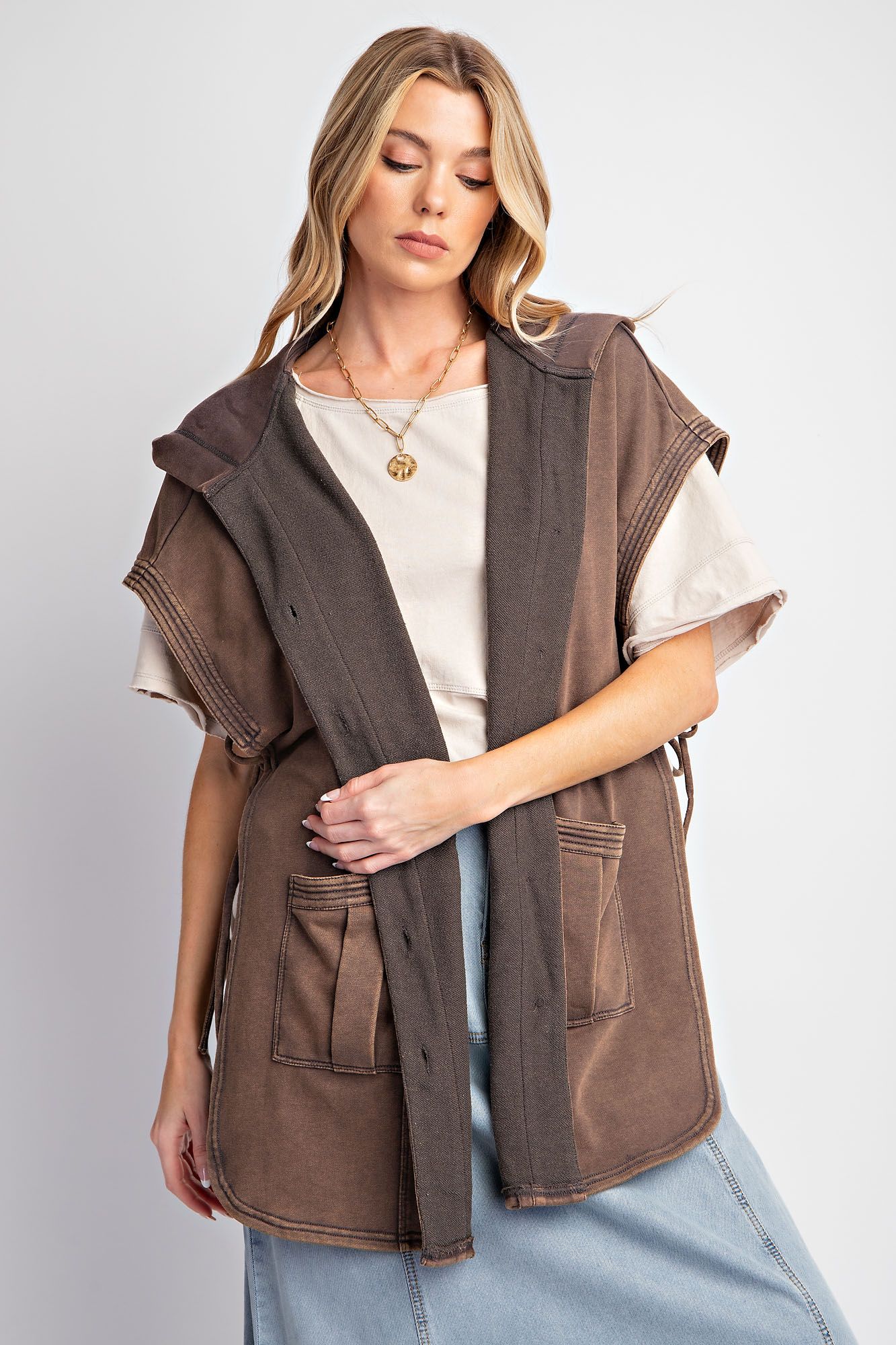 Button Down Mineral Washed Hooded Vest - Buttercup Lynne Boutique