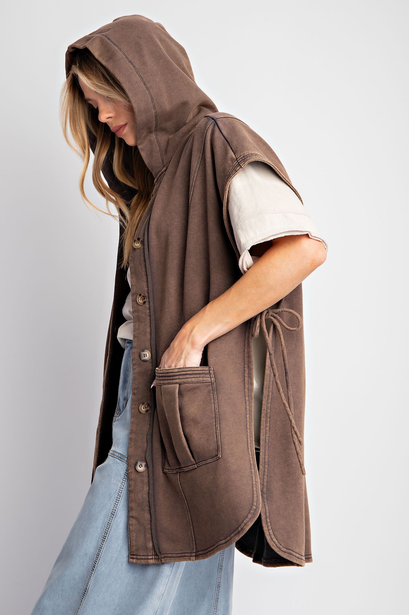 Button Down Mineral Washed Hooded Vest - Buttercup Lynne Boutique