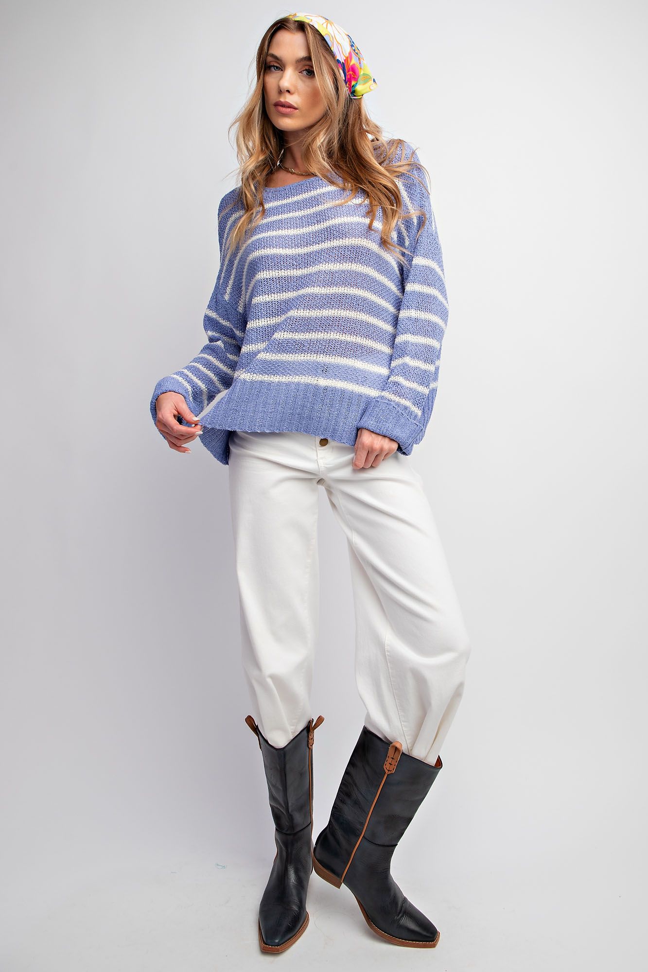Knitted Sweater - Relaxed Fit - Periwinkle with White Stripes - Buttercup Lynne Boutique