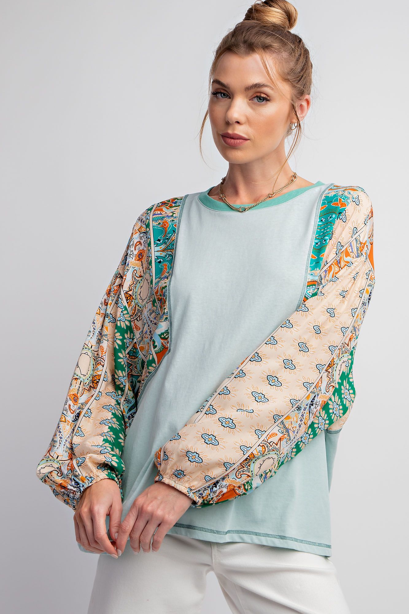 Sage Green Print Mixed with Cotton Slub Knit Top - Plus - Buttercup Lynne Boutique