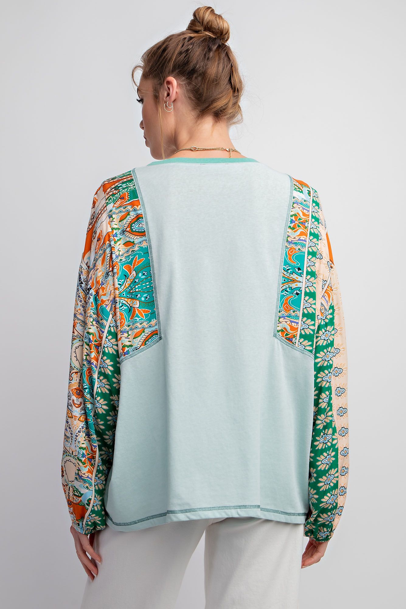 Sage Green Print Mixed with Cotton Slub Knit Top - Plus - Buttercup Lynne Boutique