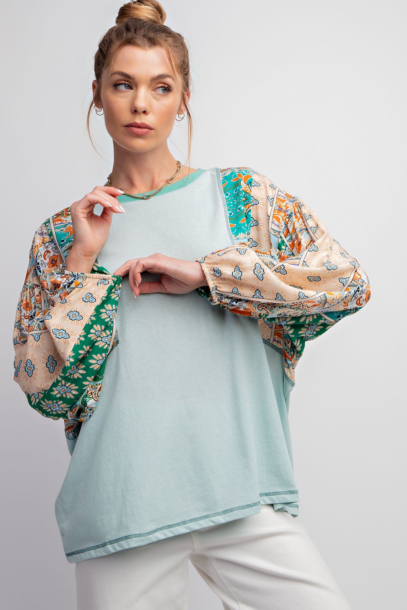 Sage Green Print Mixed with Cotton Slub Knit Top - Plus - Buttercup Lynne Boutique