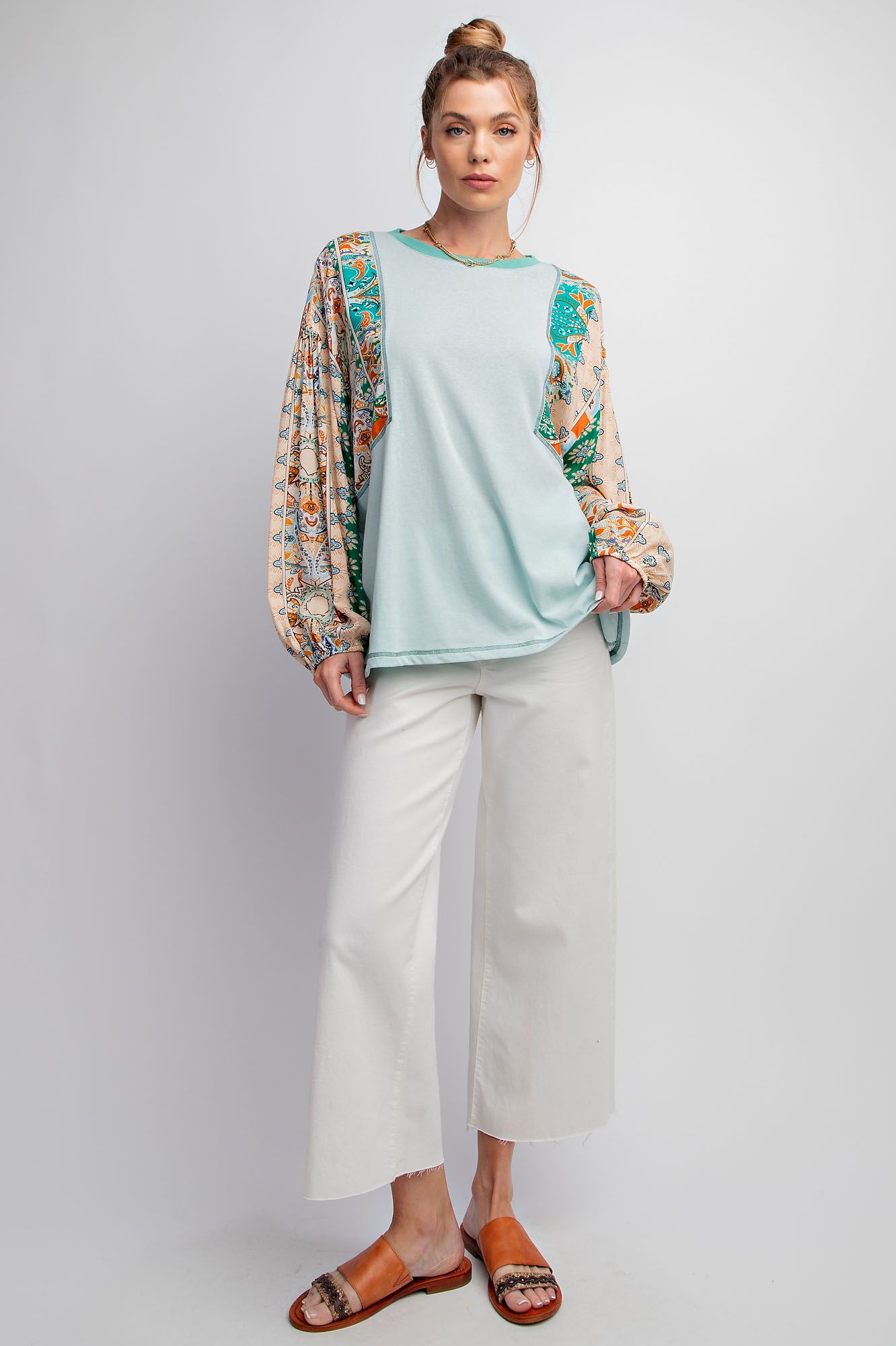 Sage Green Print Mixed with Cotton Slub Knit Top - Plus - Buttercup Lynne Boutique