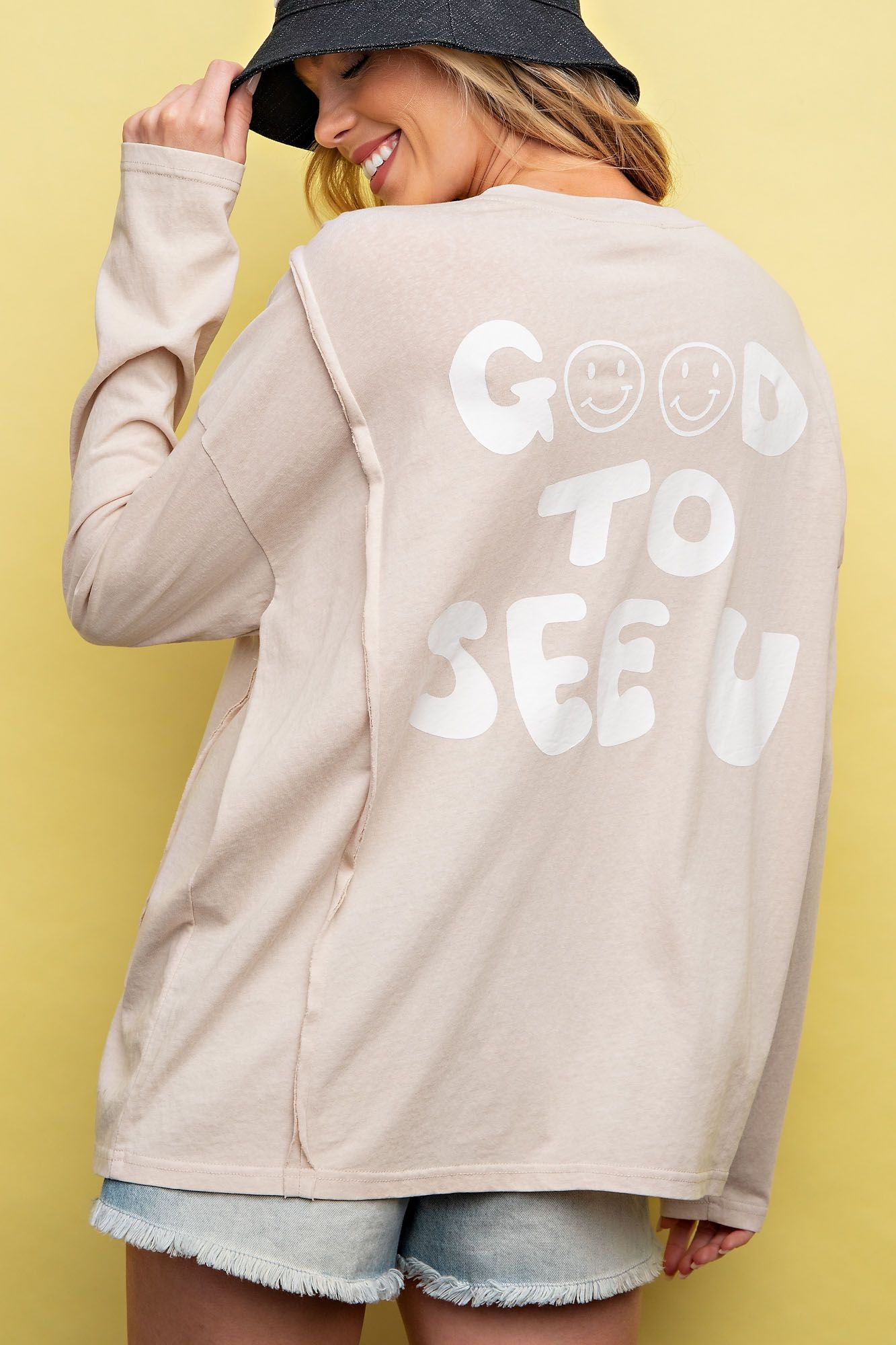 Cotton Slub Top with a Smiling Face Print - "Good to See U" - Buttercup Lynne Boutique